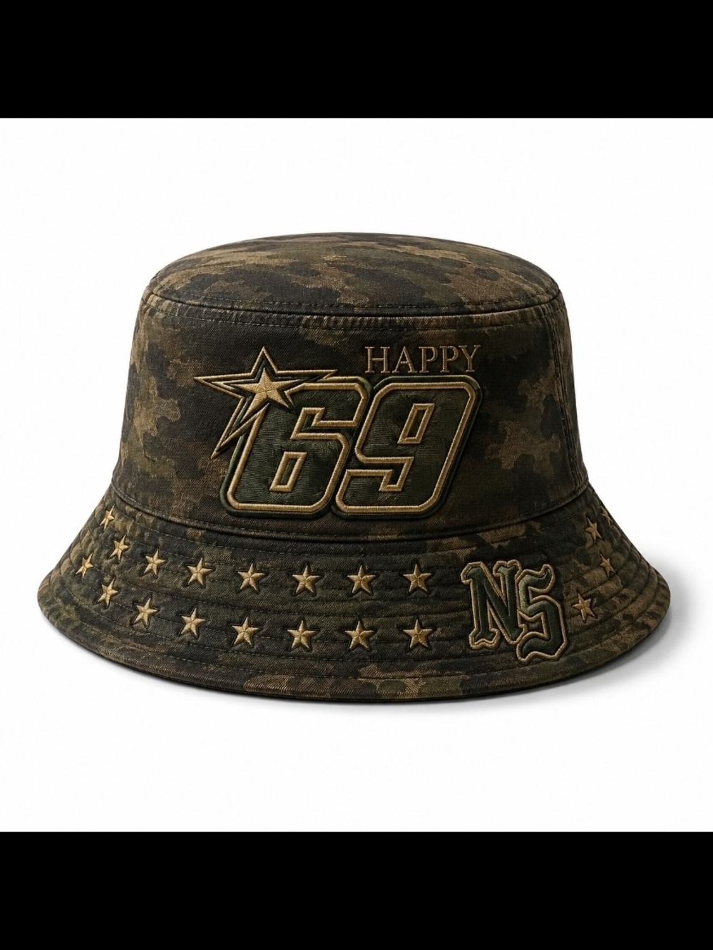 HAPPY COLLECTION Camouflage 'Happy 69' Embroidered Bucket Hat - Olive Green